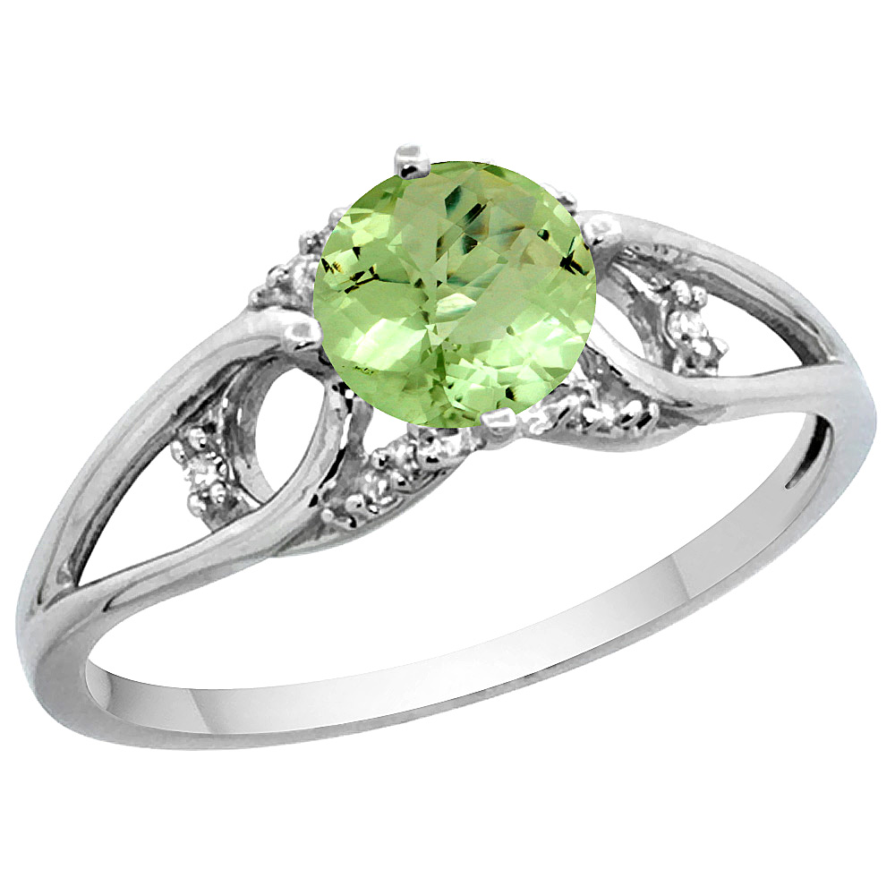 14k White Gold Diamond Natural Peridot Engagement Ring Round 6 mm, sizes 5 - 10