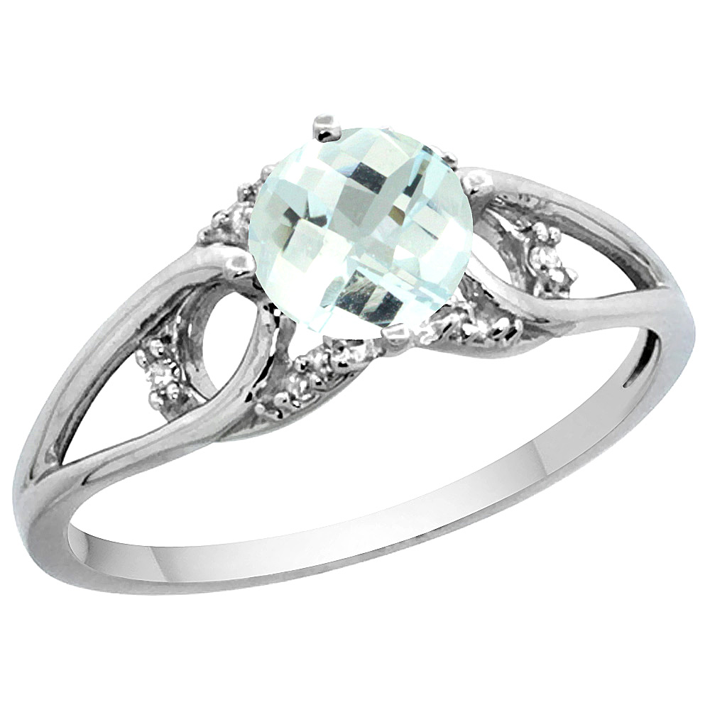 14K WHITE GOLD DIAMOND NATURAL AQUAMARINE ENGAGEMENT RING ROUND 6 MM, SIZES 5 - 10