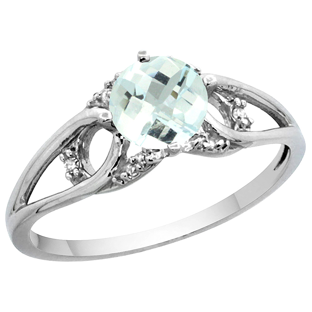 14k White Gold Diamond Natural Aquamarine Engagement Ring Round 6 mm, sizes 5 - 10