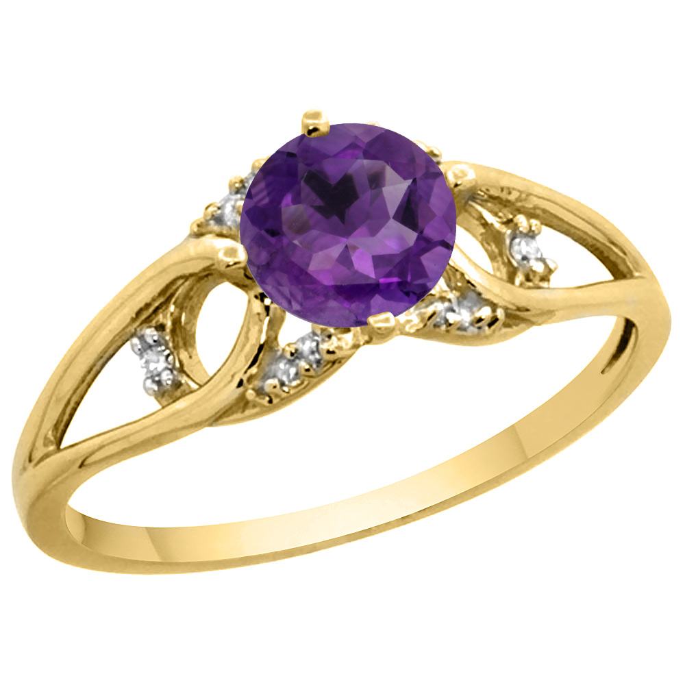 14k Yellow Gold Diamond Natural Amethyst Engagement Ring Round 6 mm, sizes 5 - 10