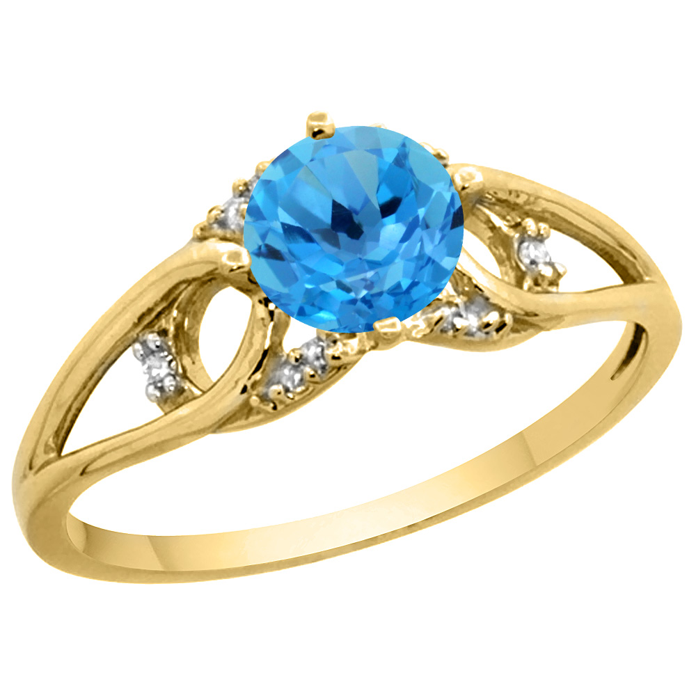 14k Yellow Gold Diamond Natural Swiss Blue Topaz Engagement Ring Round 6 mm, sizes 5 - 10