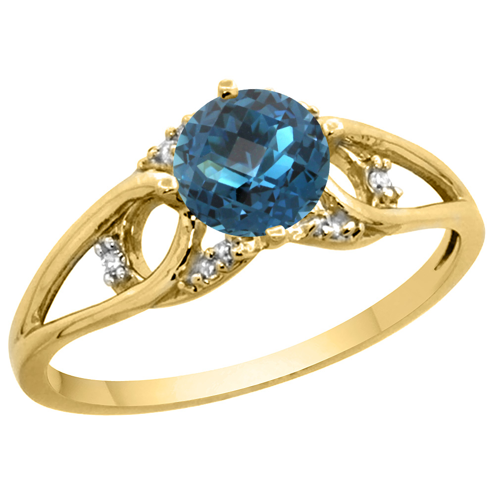 14k Yellow Gold Diamond Natural London Blue Topaz Engagement Ring Round 6 mm, sizes 5 - 10