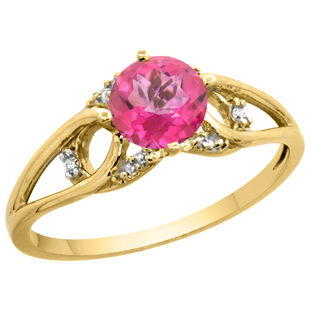 14k Yellow Gold Diamond Natural Pink Topaz Engagement Ring Round 6 mm, sizes 5 - 10