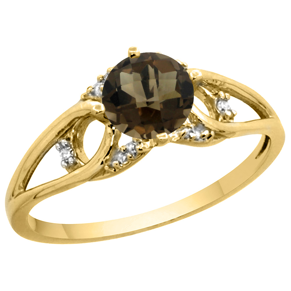 14k Yellow Gold Diamond Natural Smoky Topaz Engagement Ring Round 6 mm, sizes 5 - 10
