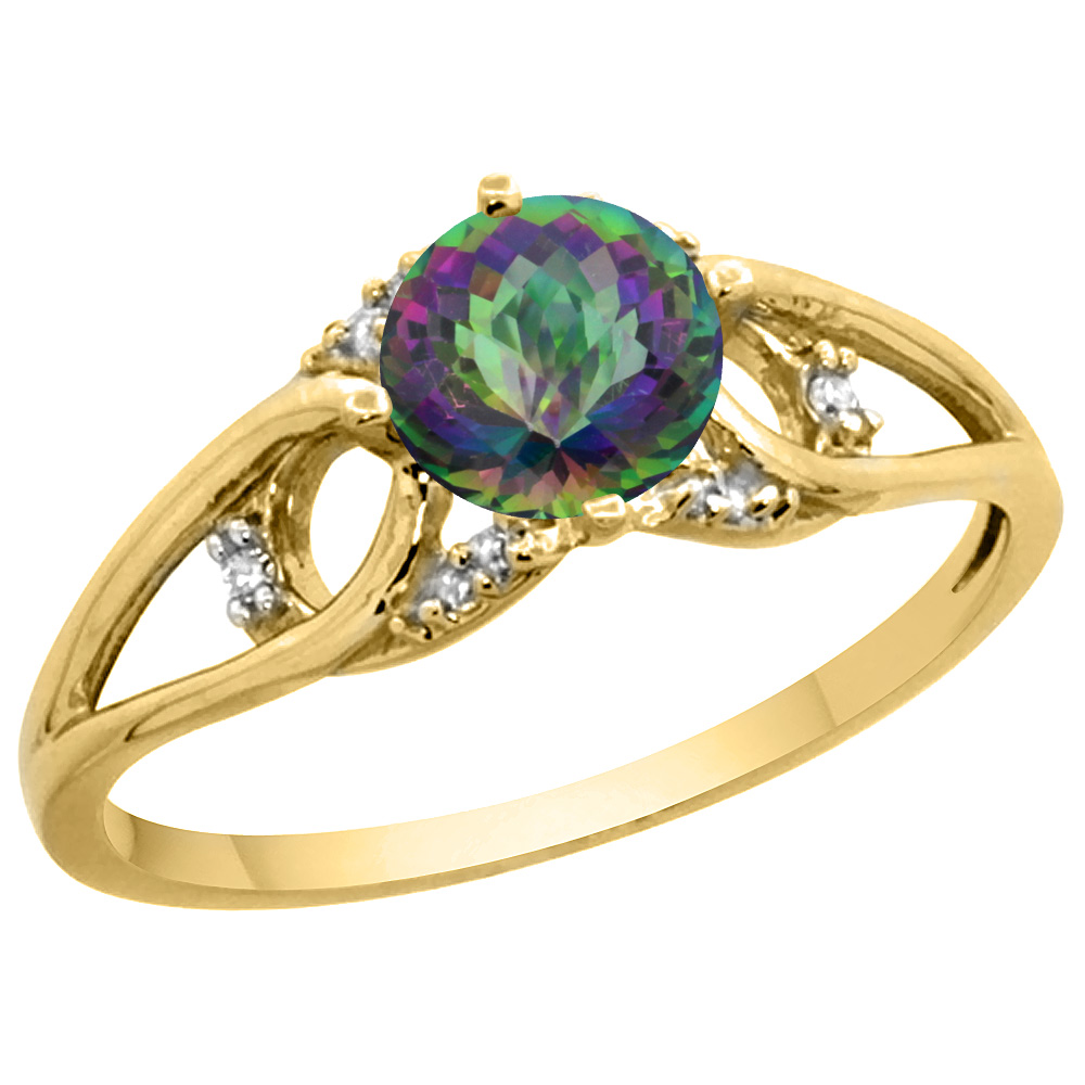 14k Yellow Gold Diamond Natural Mystic Topaz Engagement Ring Round 6 mm, sizes 5 - 10