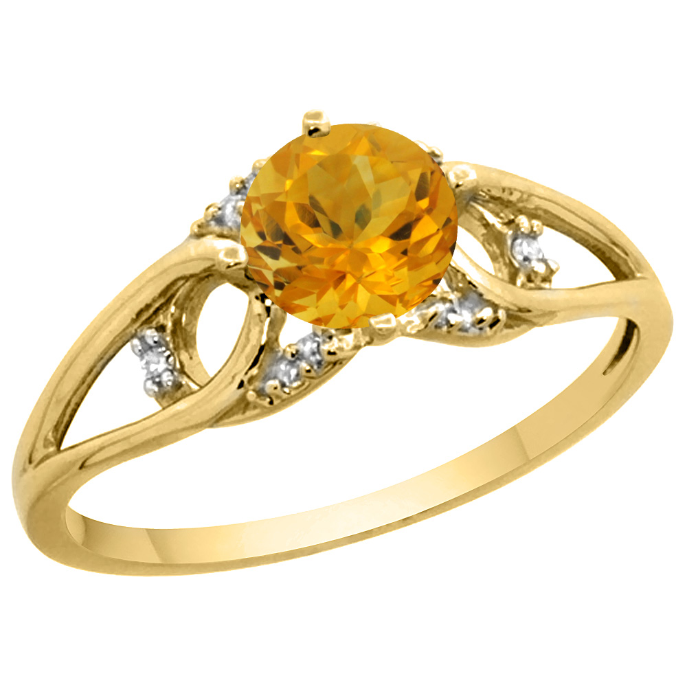 14k Yellow Gold Diamond Natural Citrine Engagement Ring Round 6 mm, sizes 5 - 10