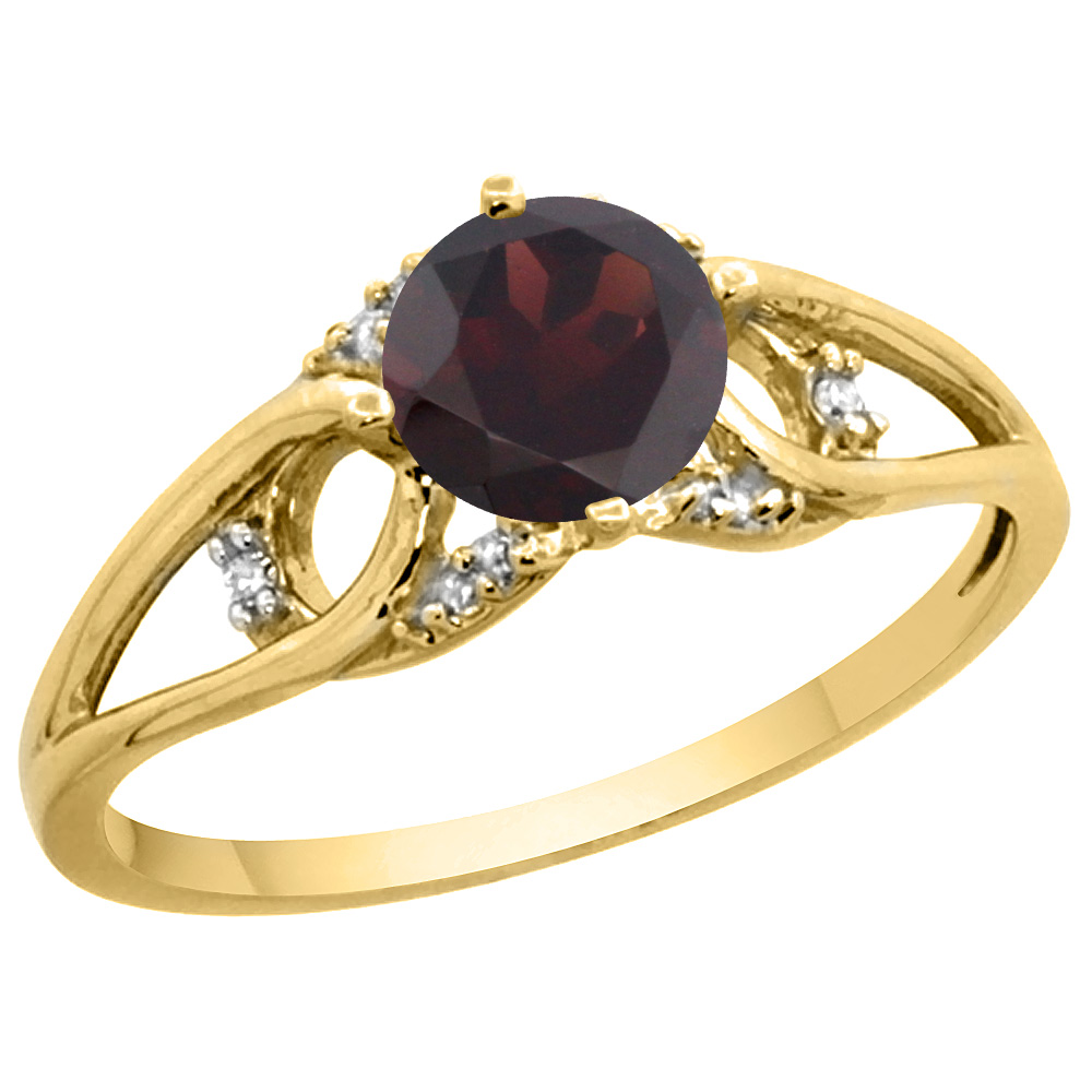 14k Yellow Gold Diamond Natural Garnet Engagement Ring Round 6 mm, sizes 5 - 10