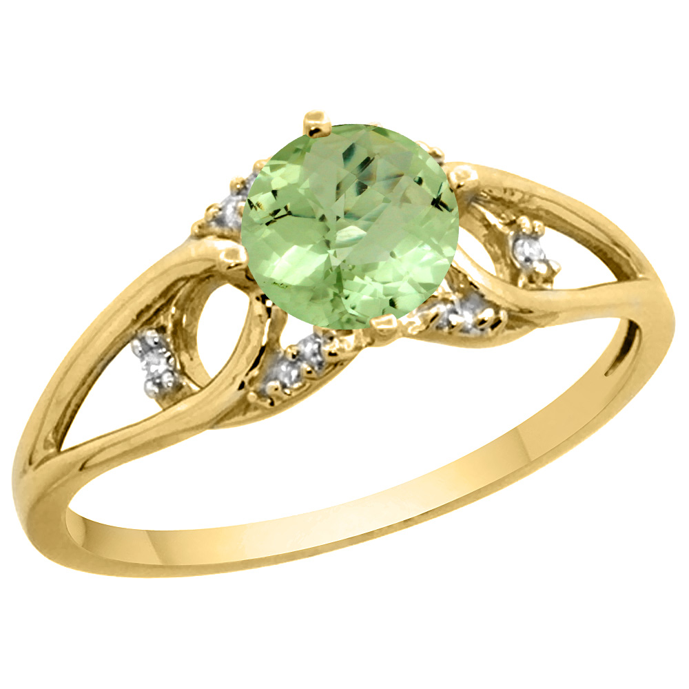 14k Yellow Gold Diamond Natural Peridot Engagement Ring Round 6 mm, sizes 5 - 10