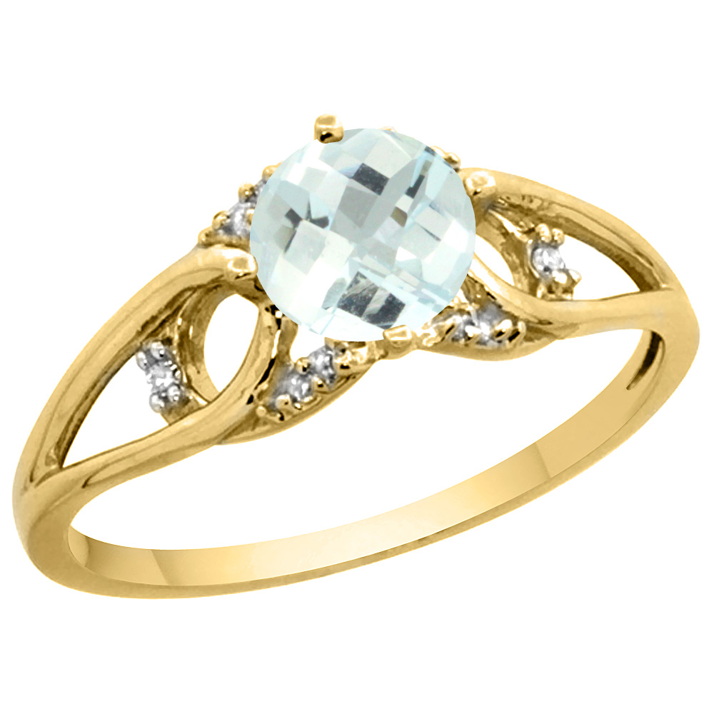14k Yellow Gold Diamond Natural Aquamarine Engagement Ring Round 6 mm, sizes 5 - 10