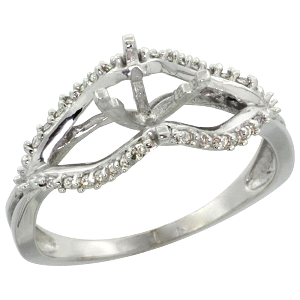 14k White Gold Semi Mount Ring (for 6mm 1 Ct Size) 0.13ct Diamond Accents, 5/16 inch wide, sizes 5 - 10