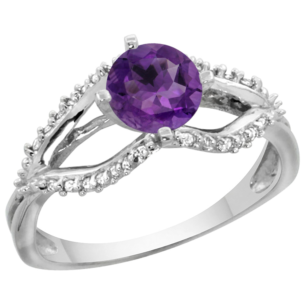 14k White Gold Natural Amethyst Ring Diamond Accents, 5/16 inch wide, sizes 5 - 10