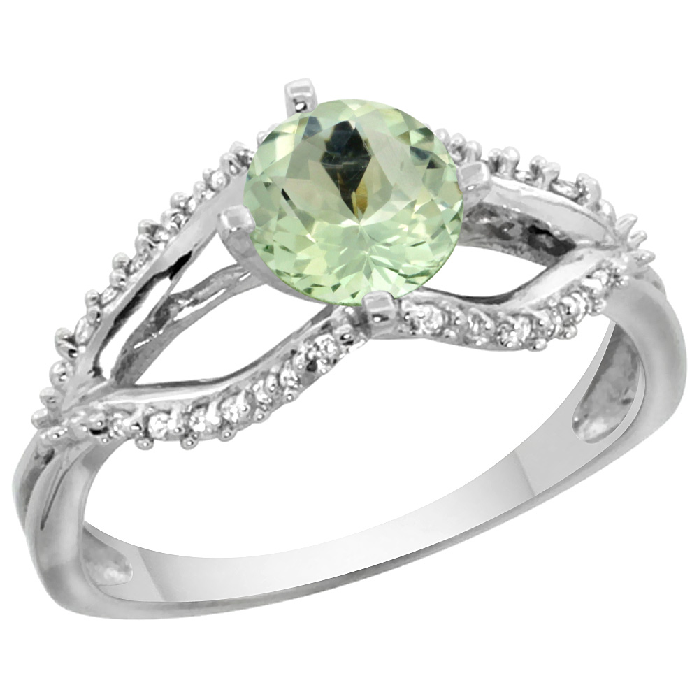 14k White Gold Natural Green Amethyst Ring Diamond Accents, 5/16 inch wide, sizes 5 - 10