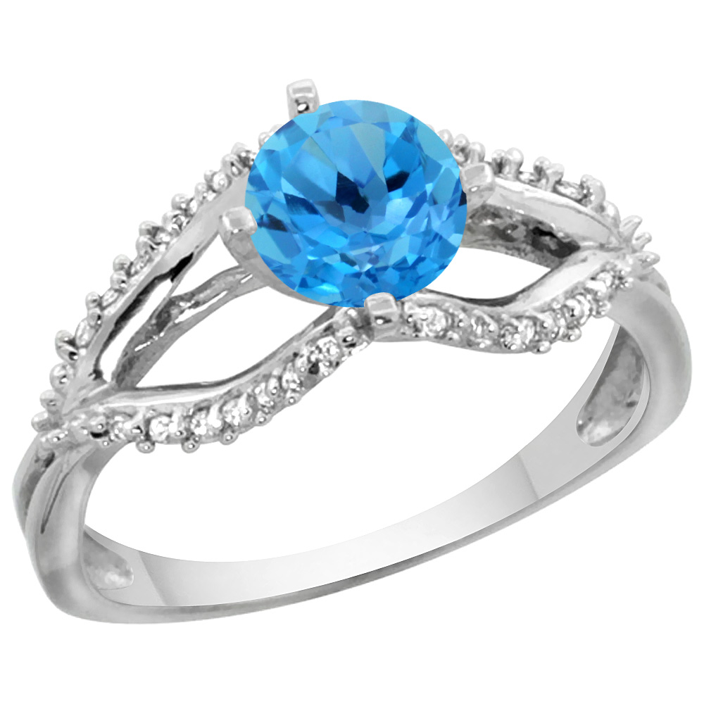 14k White Gold Natural Swiss Blue Topaz Ring Diamond Accents, 5/16 inch wide, sizes 5 - 10