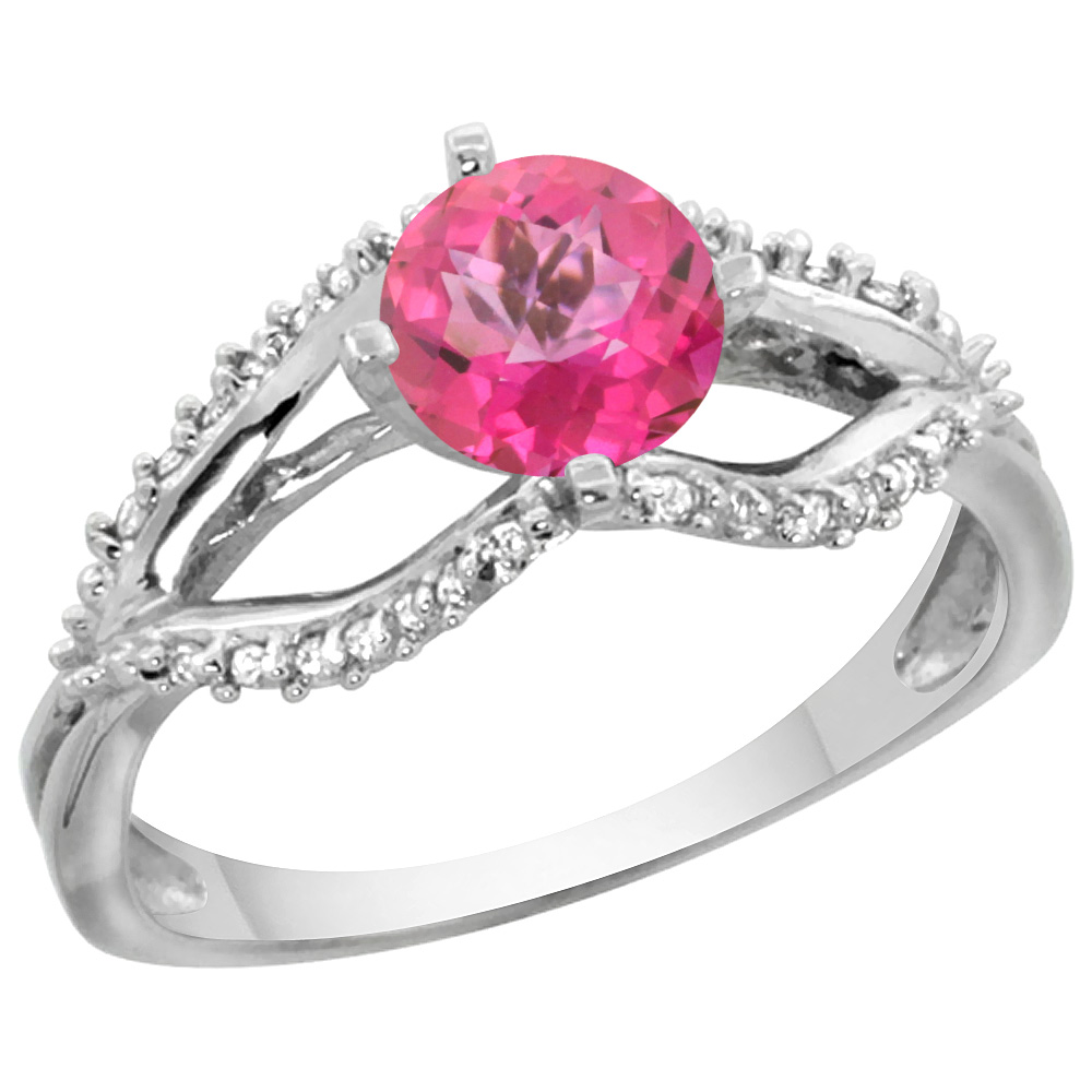 14k White Gold Natural Pink Topaz Ring Diamond Accents, 5/16 inch wide, sizes 5 - 10