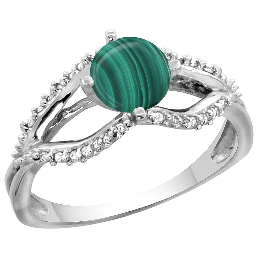 14K WHITE GOLD NATURAL MALACHITE RING DIAMOND ACCENTS, 5/16 INCH WIDE, SIZES 5 - 10