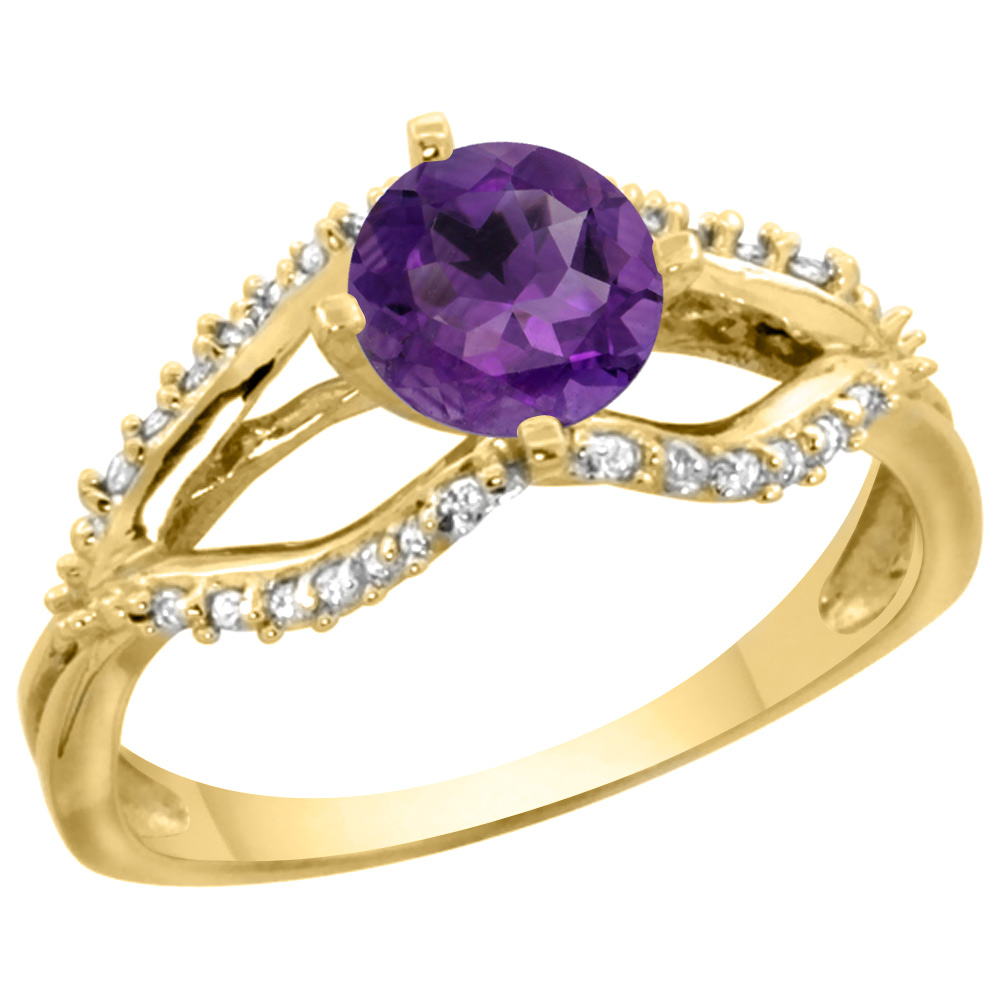 14k Yellow Gold Natural Amethyst Ring Diamond Accents, 5/16 inch wide, sizes 5 - 10