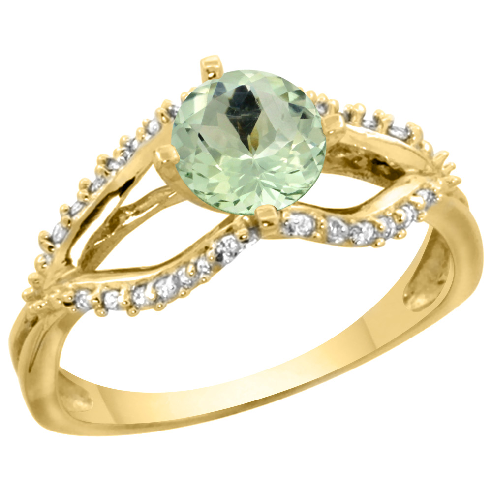 14k Yellow Gold Natural Green Amethyst Ring Diamond Accents, 5/16 inch wide, sizes 5 - 10
