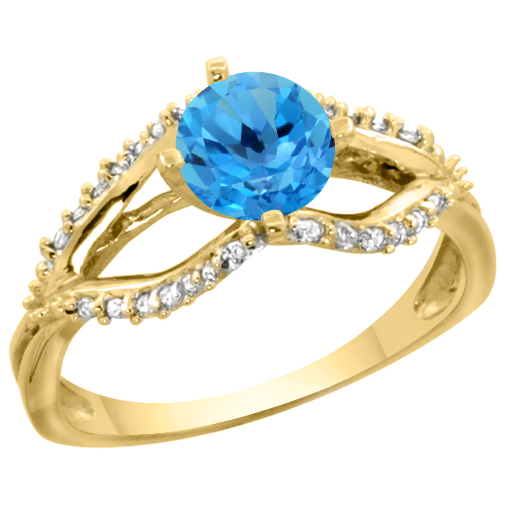14k Yellow Gold Natural Swiss Blue Topaz Ring Diamond Accents, 5/16 inch wide, sizes 5 - 10