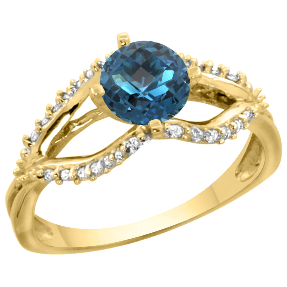 14k Yellow Gold Natural London Blue Topaz Ring Diamond Accents, 5/16 inch wide, sizes 5 - 10
