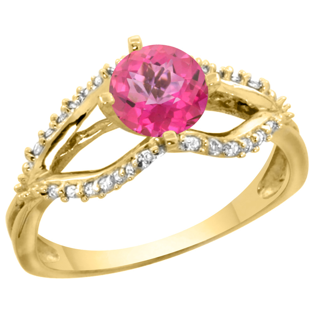14k Yellow Gold Natural Pink Topaz Ring Diamond Accents, 5/16 inch wide, sizes 5 - 10