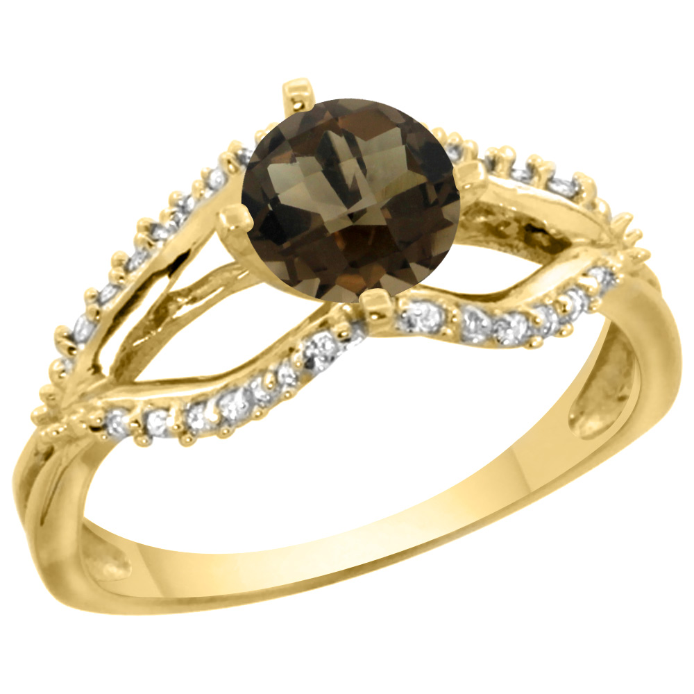 14k Yellow Gold Natural Smoky Topaz Ring Diamond Accents, 5/16 inch wide, sizes 5 - 10