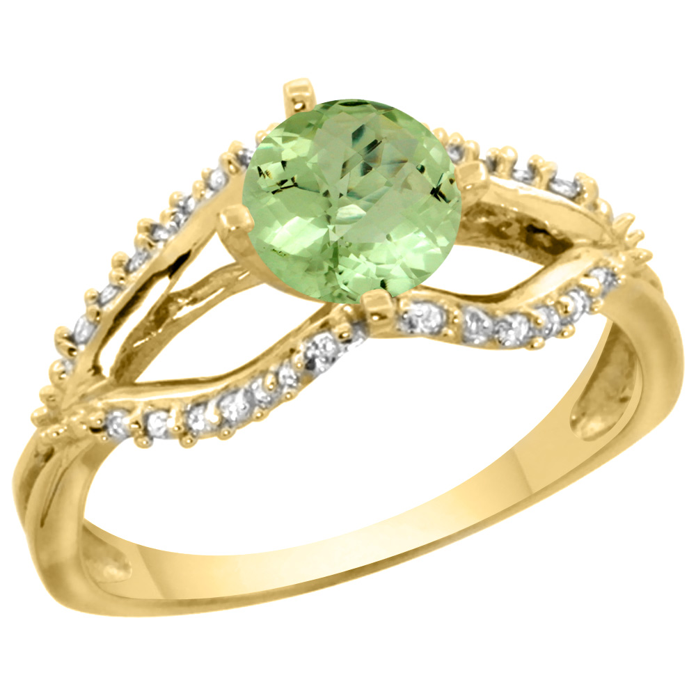 14k Yellow Gold Natural Peridot Ring Diamond Accents, 5/16 inch wide, sizes 5 - 10