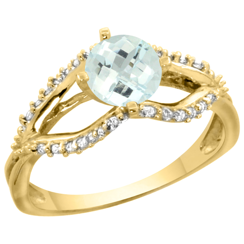 14k Yellow Gold Natural Aquamarine Ring Diamond Accents, 5/16 inch wide, sizes 5 - 10
