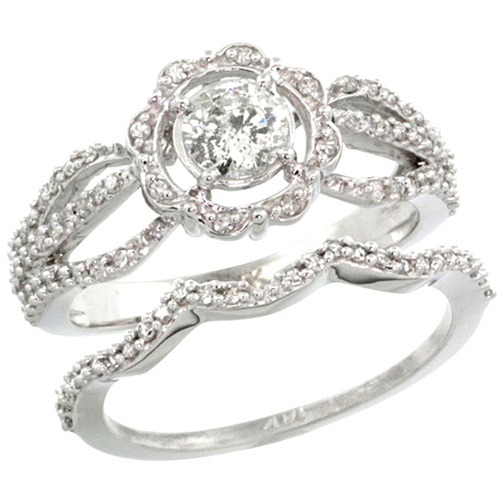 14k White Gold 2-Pc. Floral Diamond Engagement Ring Set w/ 0.41 Carat (Center) &amp; 0.44 Carat (Sides) Brilliant Cut ( H-I Color; SI1 Clarity ) Diamonds, 3/8 in. (9.5mm) wide