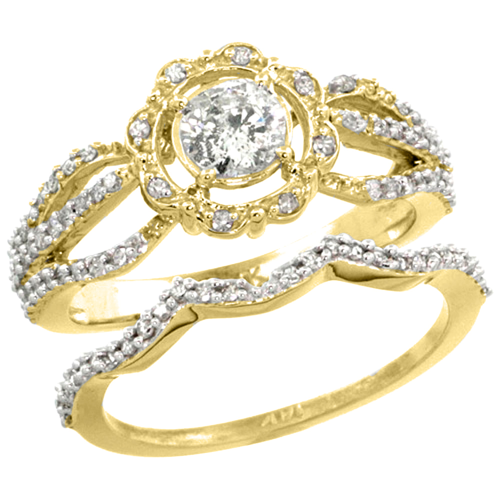 14k Gold 2-Pc. Floral Diamond Engagement Ring Set w/ 0.41 Carat (Center) &amp; 0.44 Carat (Sides) Brilliant Cut ( H-I Color; SI1 Clarity ) Diamonds, 3/8 in. (9.5mm) wide