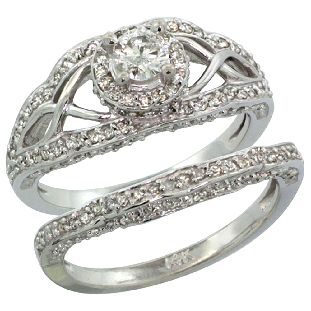 14K WHITE GOLD 2-PC. DIAMOND ENGAGEMENT RING SET W/ 0.29 CARAT (CENTER) & 0.69 CARAT (SIDES) BRILLIANT CUT ( H-I COLOR; SI1 CLARITY ) DIAMONDSL, 7/16 IN. (11MM) WIDE