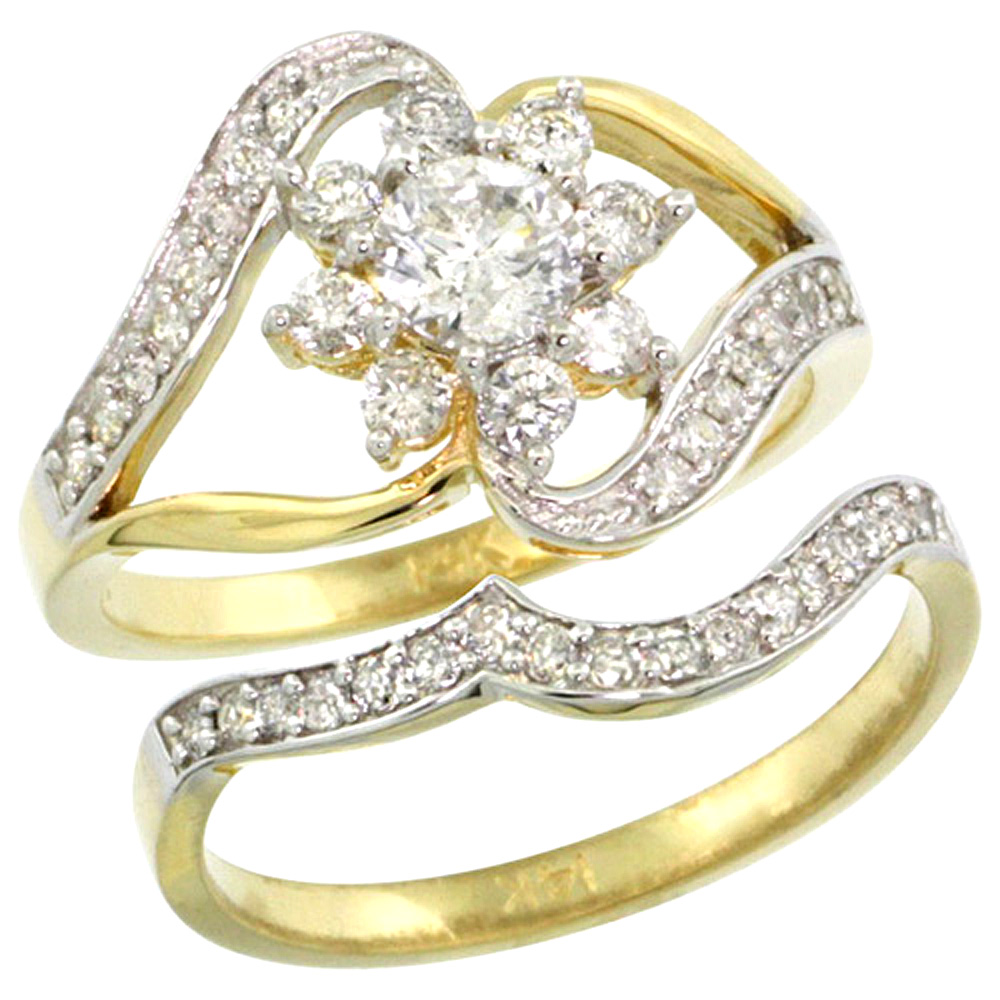 14k Gold 2-Pc. Flower Diamond Engagement Ring Set w/ 0.38 Carat (Center) & 0.61 Carat (Sides) Brilliant Cut ( H-I Color; SI1 Clarity ) Diamonds, 5/8 in. (15.5mm) wide