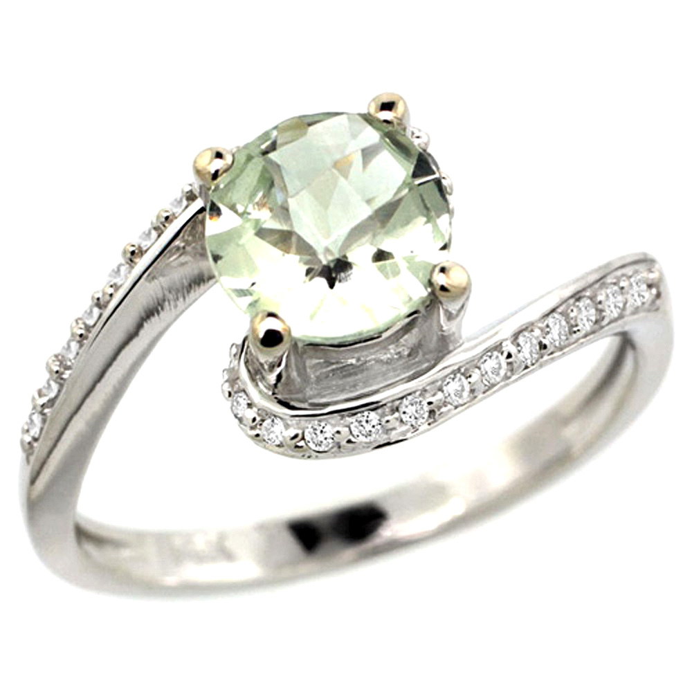 14K WHITE GOLD NATURAL GREEN AMETHYST SWIRL DESIGN RING DIAMOND ACCENT ROUND 6MM, 1/2 INCH WIDE