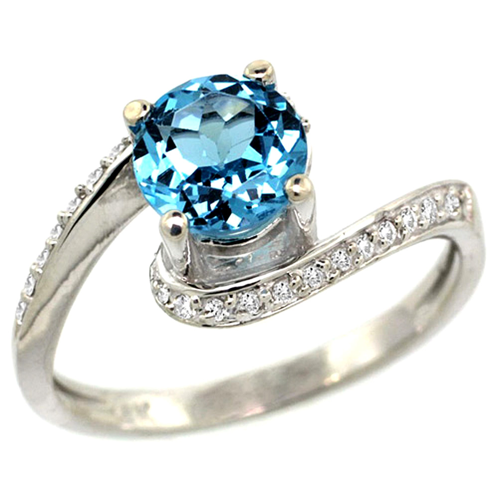 10K White Gold Natural Swiss Blue Topaz Swirl Design Ring Diamond Accent Round 6mm, 1/2 inch wide 