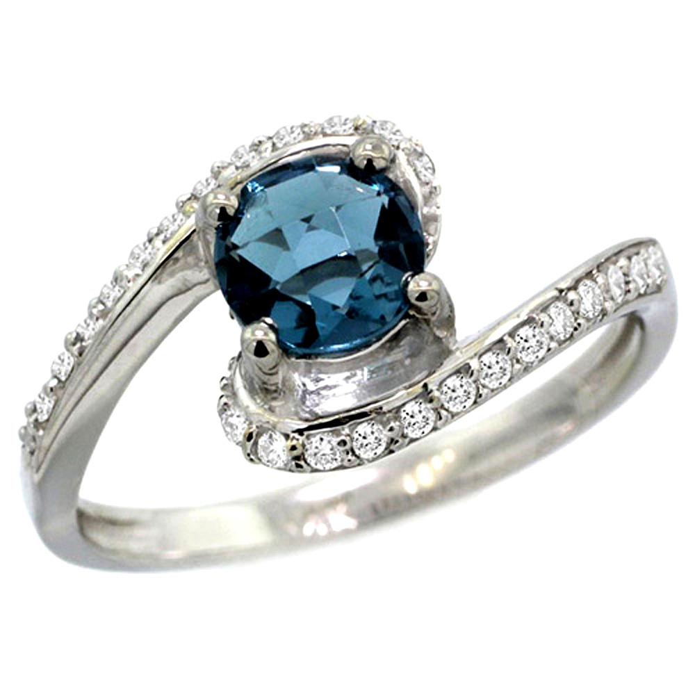 10K WHITE GOLD NATURAL LONDON BLUE TOPAZ SWIRL DESIGN RING DIAMOND ACCENT ROUND 6MM, 1/2 INCH WIDE