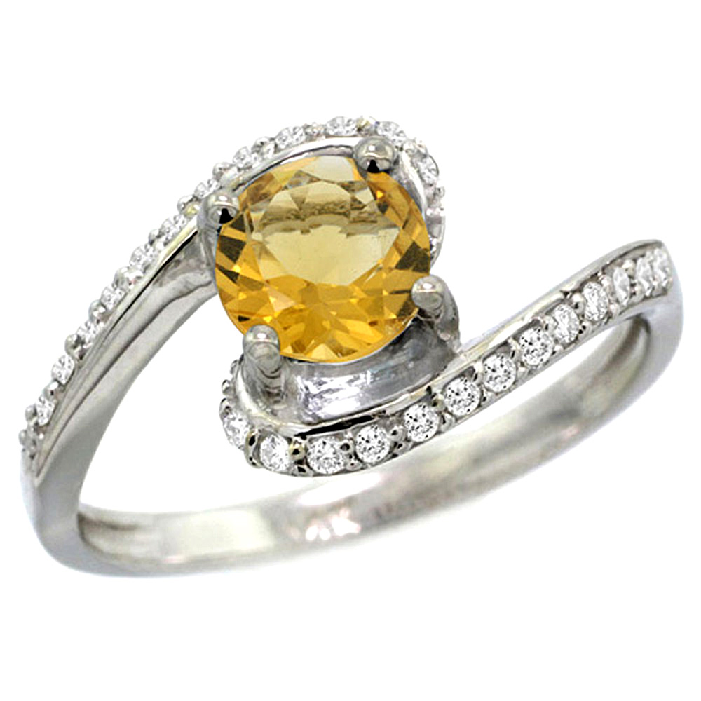 10K White Gold Natural Citrine Swirl Design Ring Diamond Accent Round 6mm, 1/2 inch wide 