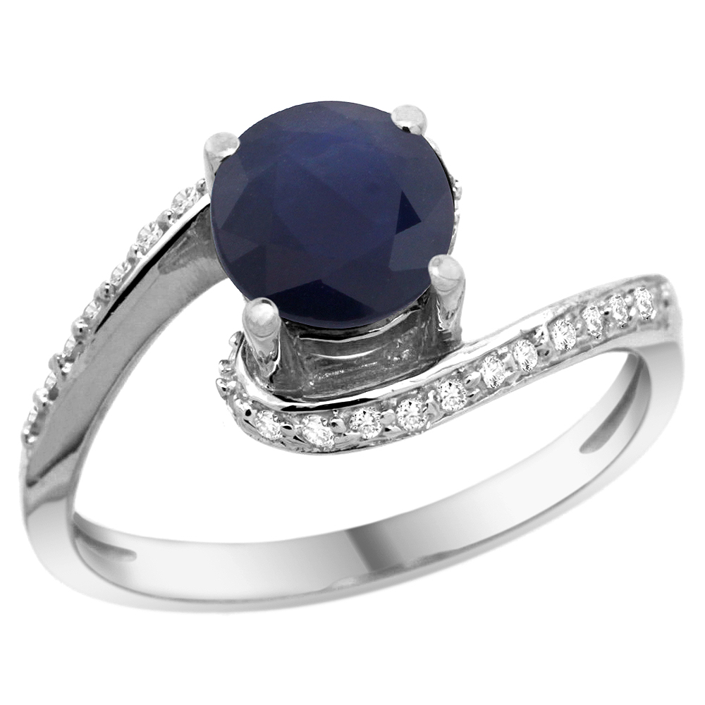10K White Gold Natural High Quality Blue Sapphire Swirl Design Ring Diamond Accent Round 6mm, 1/2 inch wide 