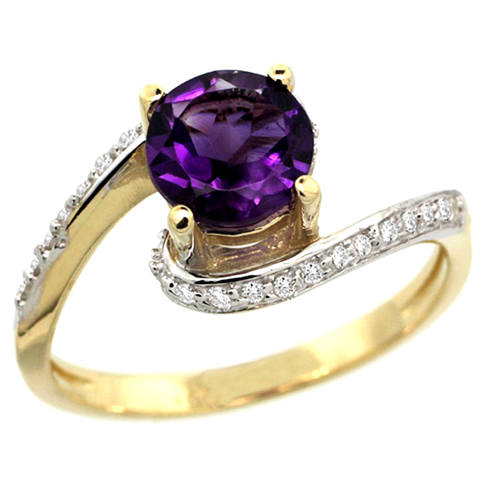 10K Yellow Gold Natural Amethyst Swirl Design Ring Diamond Accent Round 6mm, 1/2 inch wide 