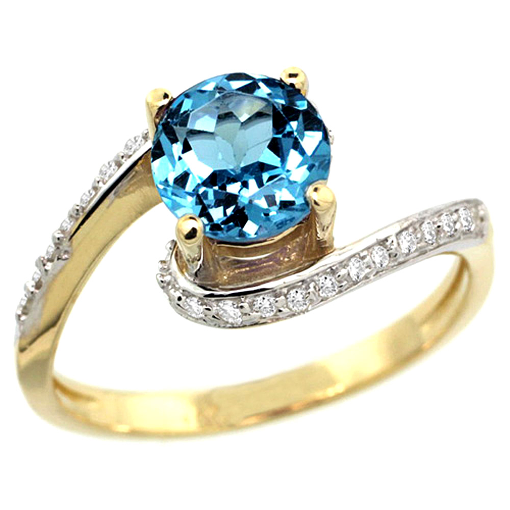 10K Yellow Gold Natural Swiss Blue Topaz Swirl Design Ring Diamond Accent Round 6mm, 1/2 inch wide 