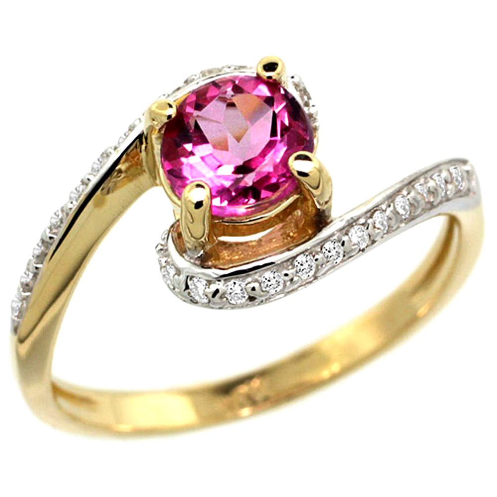 10K YELLOW GOLD NATURAL PINK TOPAZ SWIRL DESIGN RING DIAMOND ACCENT ROUND 6MM, 1/2 INCH WIDE