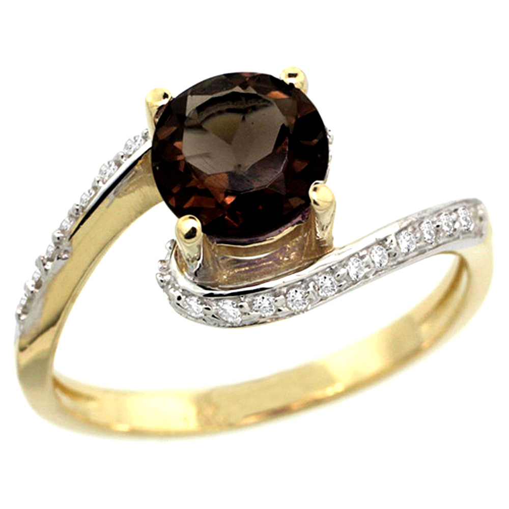 10K Yellow Gold Natural Smoky Topaz Swirl Design Ring Diamond Accent Round 6mm, 1/2 inch wide 