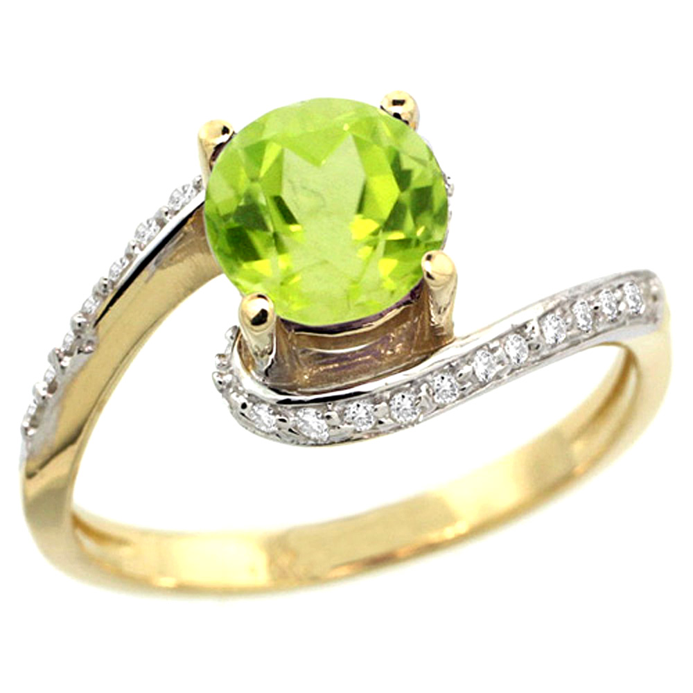 10K YELLOW GOLD NATURAL PERIDOT SWIRL DESIGN RING DIAMOND ACCENT ROUND 6MM, 1/2 INCH WIDE