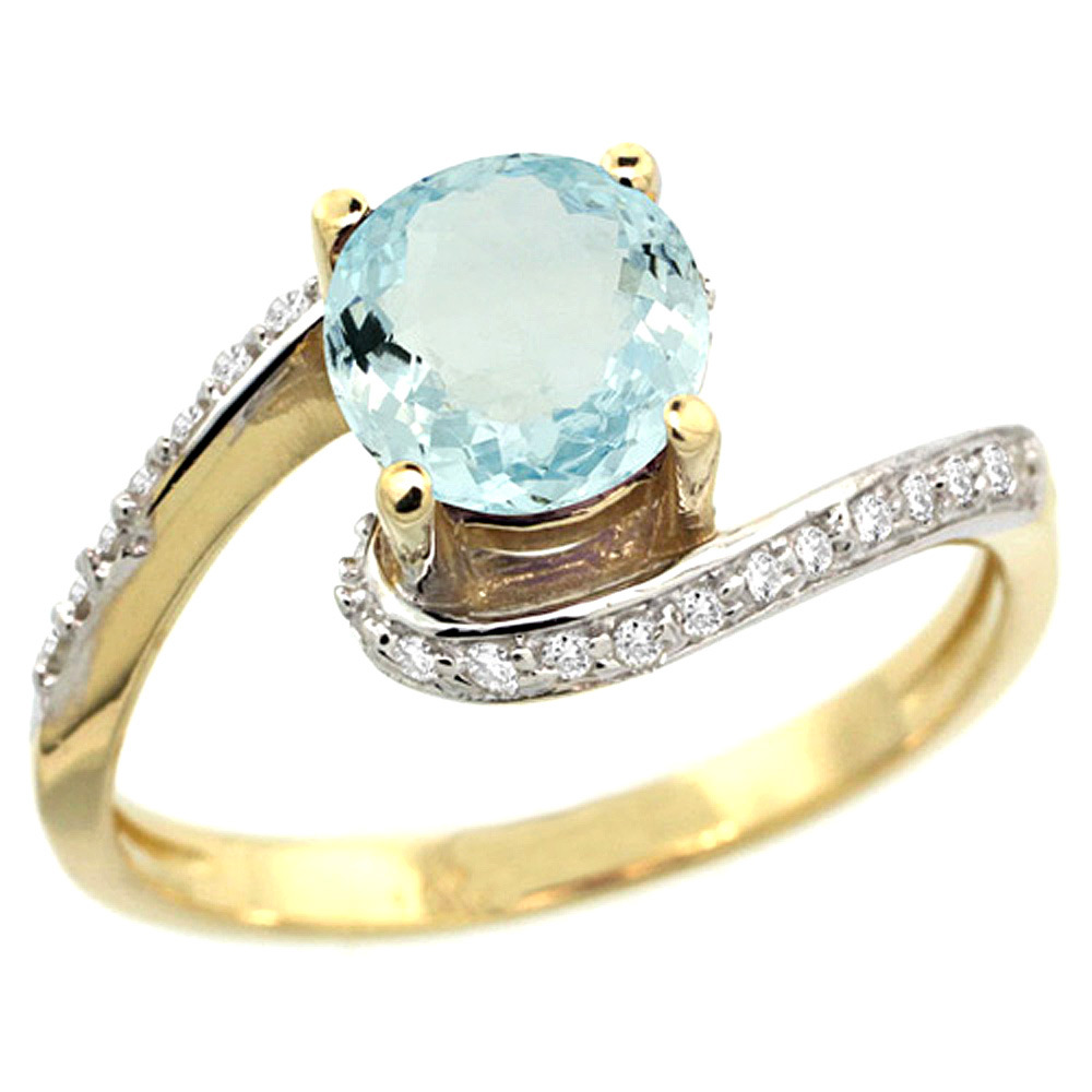 10K YELLOW GOLD NATURAL AQUAMARINE SWIRL DESIGN RING DIAMOND ACCENT ROUND 6MM, 1/2 INCH WIDE