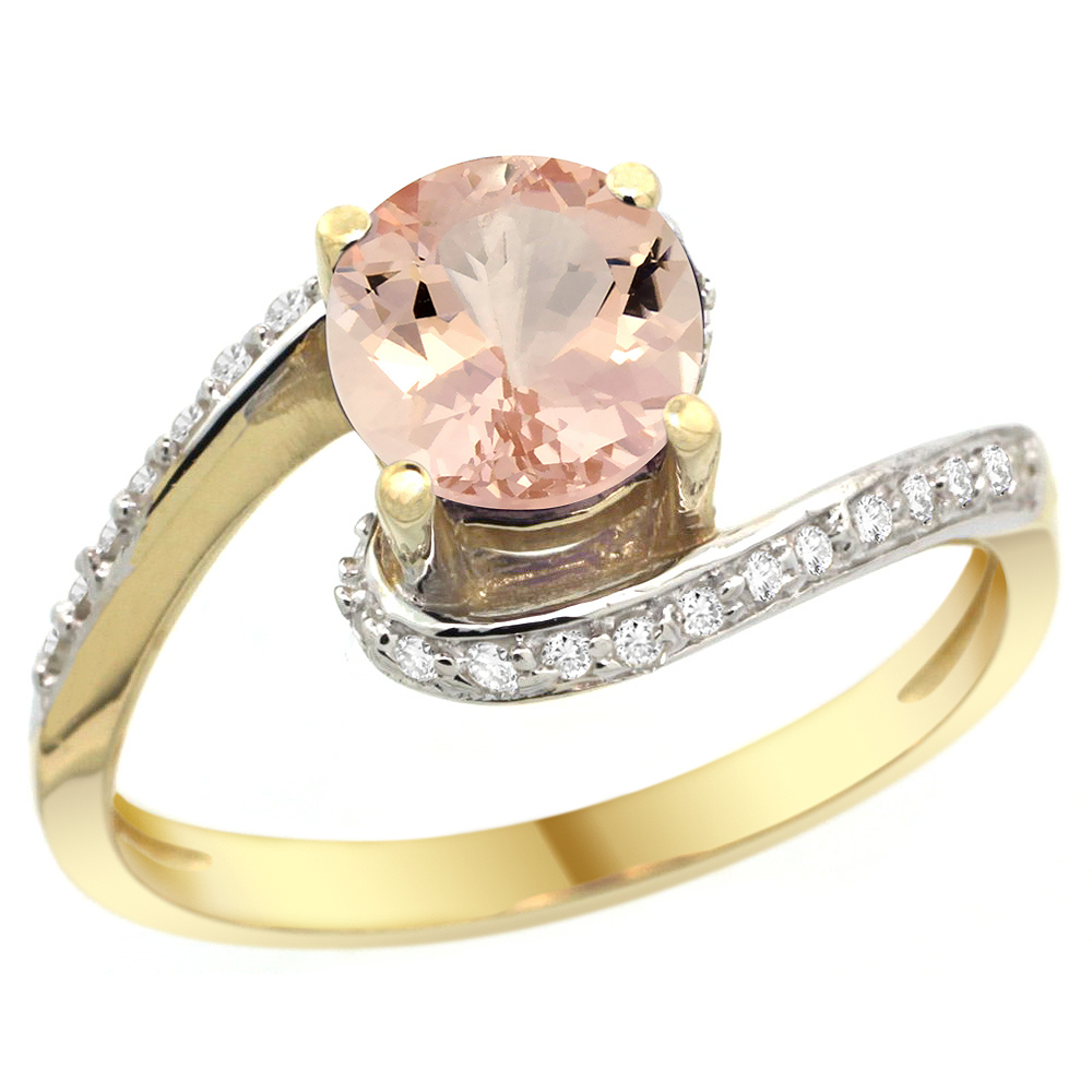 10K YELLOW GOLD NATURAL MORGANITE SWIRL DESIGN RING DIAMOND ACCENT ROUND 6MM, 1/2 INCH WIDE