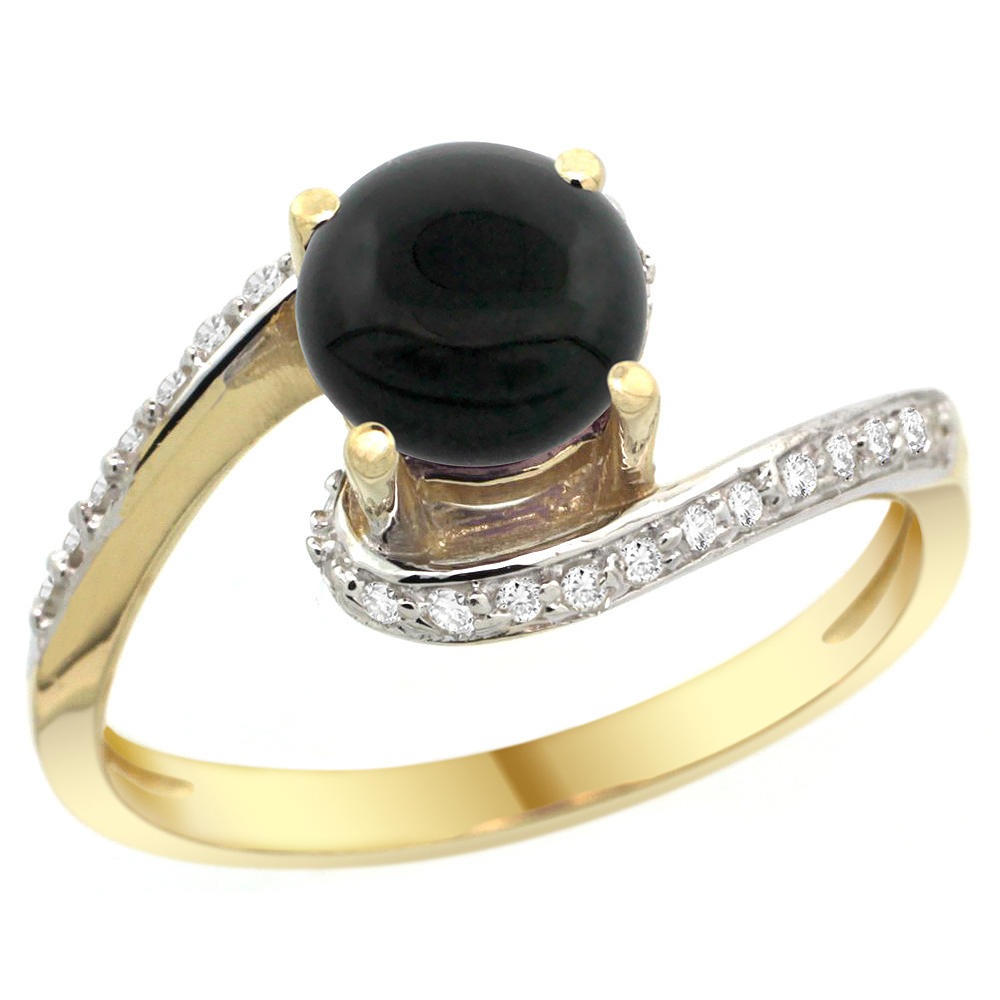 10K YELLOW GOLD NATURAL BLACK ONYX SWIRL DESIGN RING DIAMOND ACCENT ROUND 6MM, 1/2 INCH WIDE