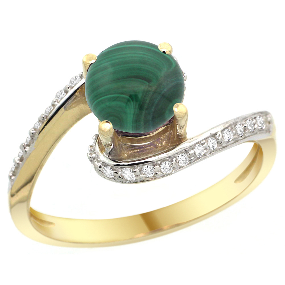 10K YELLOW GOLD NATURAL MALACHITE SWIRL DESIGN RING DIAMOND ACCENT ROUND 6MM, 1/2 INCH WIDE
