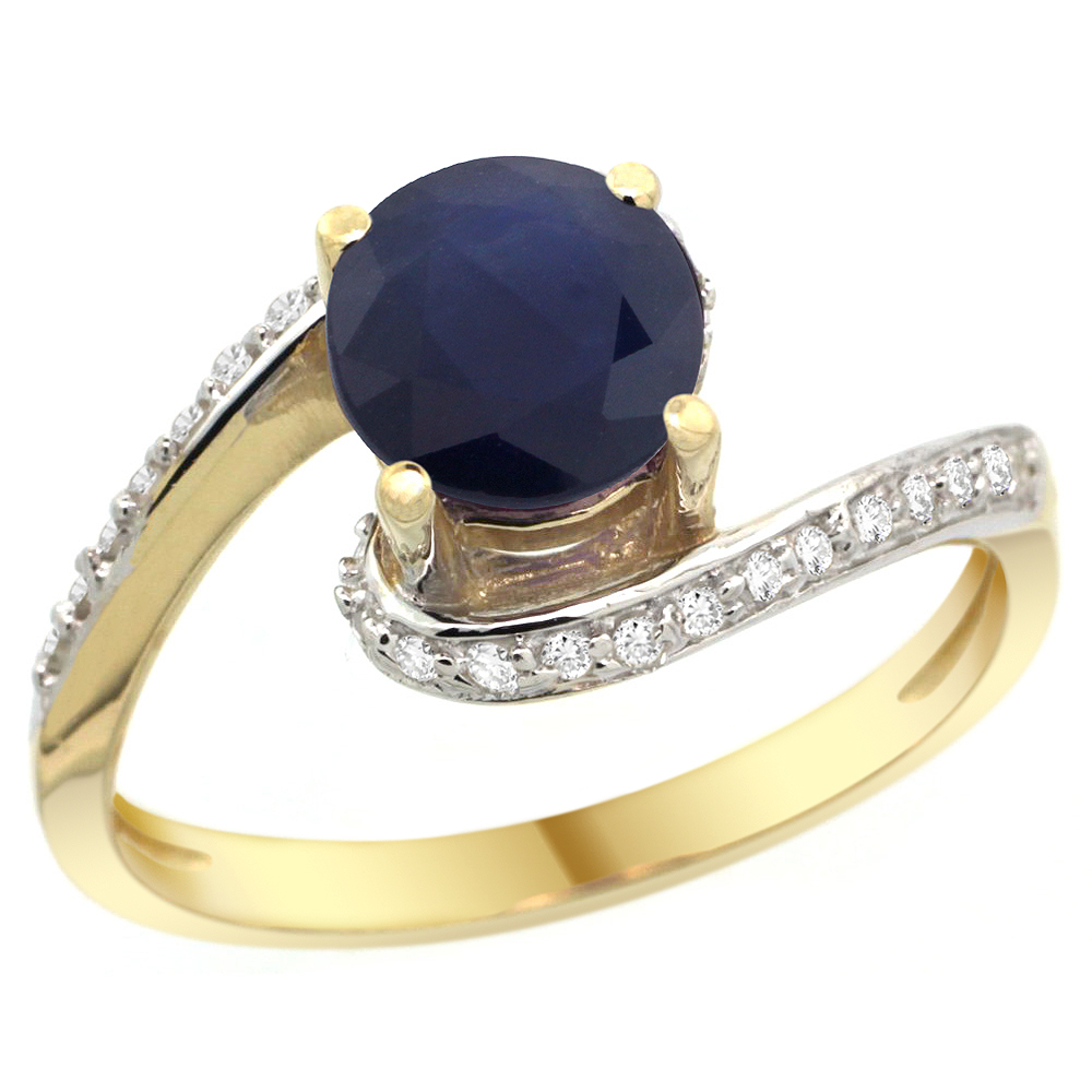 10K Yellow Gold Natural High Quality Blue Sapphire Swirl Design Ring Diamond Accent Round 6mm, 1/2 inch wide 
