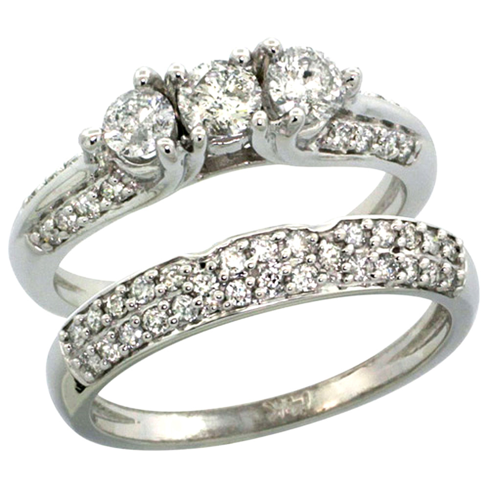 14k White Gold 2-Pc. Diamond Engagement Ring Set w/ 0.64 Carat (Center) &amp; 0.45 Carat (Sides) Brilliant Cut ( H-I Color; VS2-SI1 Clarity ) Diamonds, 5/16 in. (8mm) wide
