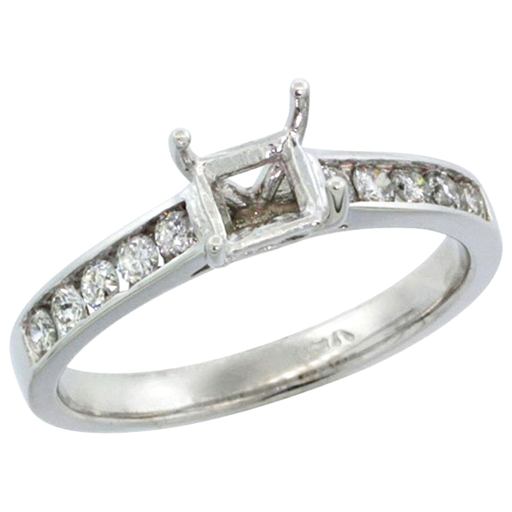 14K WHITE GOLD SEMI MOUNT (FOR 5MM 0.75 CARAT SIZE PRINCESS CUT) DIAMOND RING W/ 0.30 CARAT BRILLIANT CUT ( H-I COLOR; SI1 CLARITY ) DIAMONDS, 1/4 IN. (6MM) WIDE