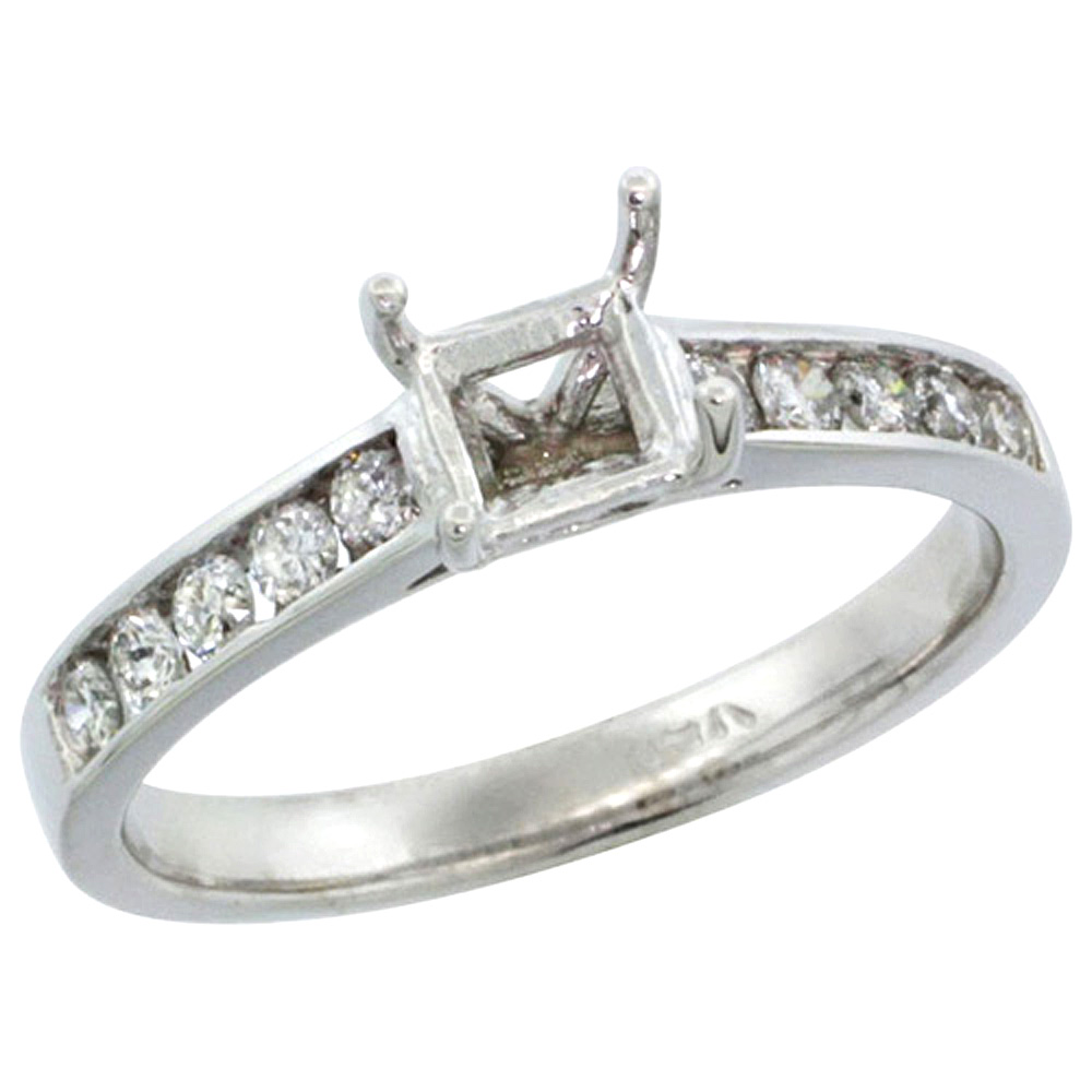 14k White Gold Semi Mount (for 5mm 0.75 Carat Size Princess Cut) Diamond Ring w/ 0.30 Carat Brilliant Cut ( H-I Color; SI1 Clarity ) Diamonds, 1/4 in. (6mm) wide