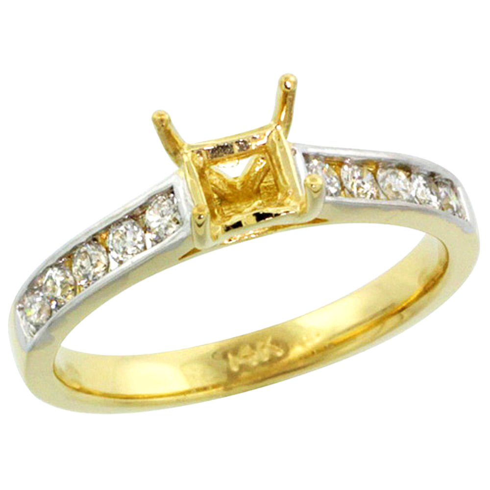 14k Gold Semi Mount (for 5mm 0.75 Carat Size Princess Cut) Diamond Ring w/ 0.30 Carat Brilliant Cut ( H-I Color; SI1 Clarity ) Diamonds, 1/4 in. (6mm) wide